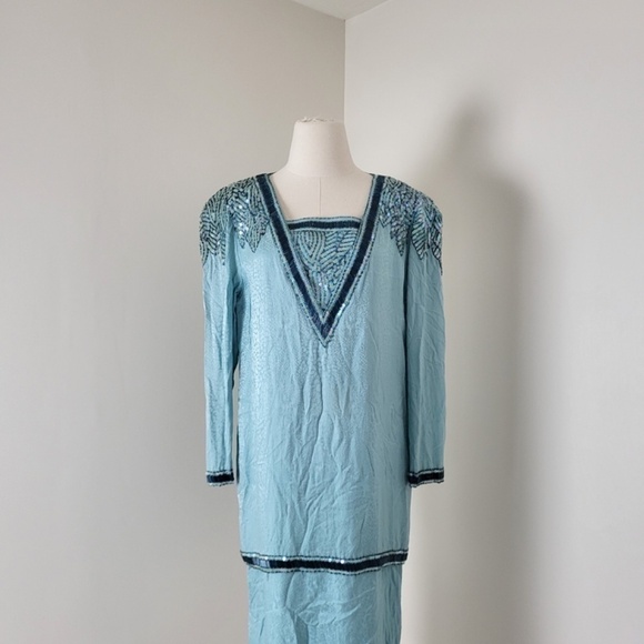 *Free With Purchase* 80’s D'ore shift dress midi turquoise beaded sequins - Picture 8 of 12